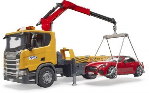Набір іграшковий. Евакуатор Scania Super 560R з краном-маніпулятором та автомобіль Roadster Bruder 305041 фото